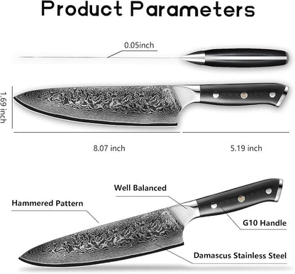 Chef Knife 8 inch -Japanese VG10 Steel 67 Layer Damascus Chef Knife-Razor Sharp Kitchen Knife Ergonomic G10 Handle with Sheath