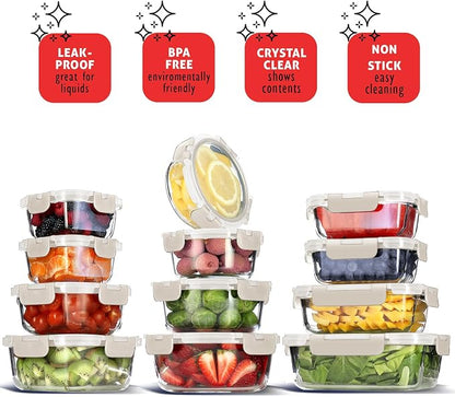 EATEX 24pc Glass Storage Containers with Lids, 12 Glass Food Storage Containers with 12 Airtight Lids for Pantry & Kitchen, Meal Prep Containers for Lunch, Oven Freezer Microwave & Dishwasher Safe