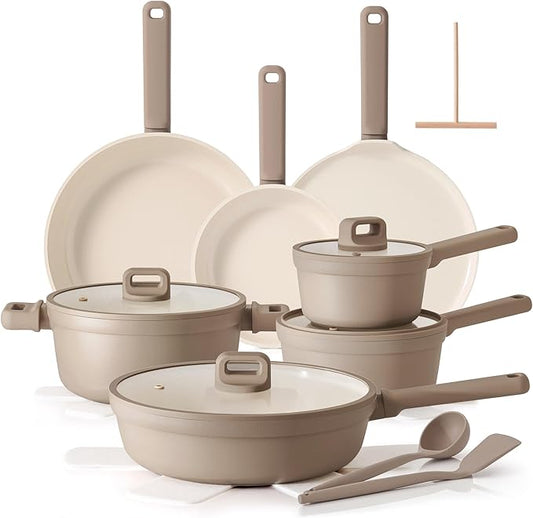 SENSARTE 20Pcs Pots and Pans Set Nonstick, Ceramic Cookware Set Non Stick, Non-toxic Healthy Kitchen Cooking Set, Induction Compatible, Dishwasher Safe, PFAS/PTFE/PFOA Free, Taupe