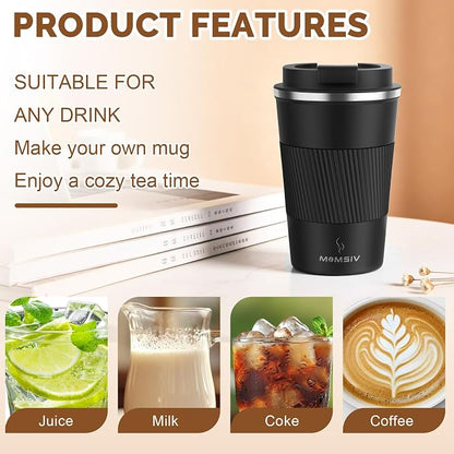 MOMSIV 12oz Travel Mug, Insulated Coffee Cup with Leakproof Lid, Vacuum Stainless Steel Double Walled Reusable Tumbler for Hot and Cold Water Coffee and Tea In Travel and Car (Black - 380ml)