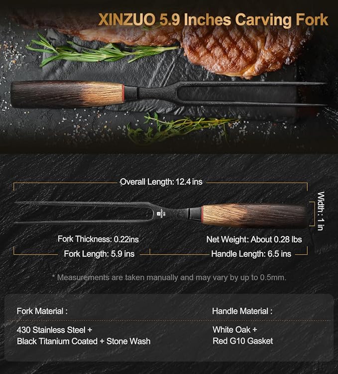 XINZUO 5.9 Inch Meat Carving Fork,High-Strength 430 Stainless Steel,2 Prong Kitchen Forks For Barbecue, Serving, Cooking, Grilling, Roasting,Ergonomic White Oak + Red G10 Gasket Handle
