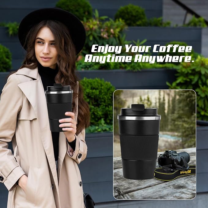 SPLMIFA Vacuum-Insulated Stainless Steel Travel Coffee Mug, Leak-Proof Reusable Coffee Cup with Lid - Keep Hot & Cold Drinks for Hours, Durable Insulated Tumbler for Men & Women(3rd-Black, 17OZ)