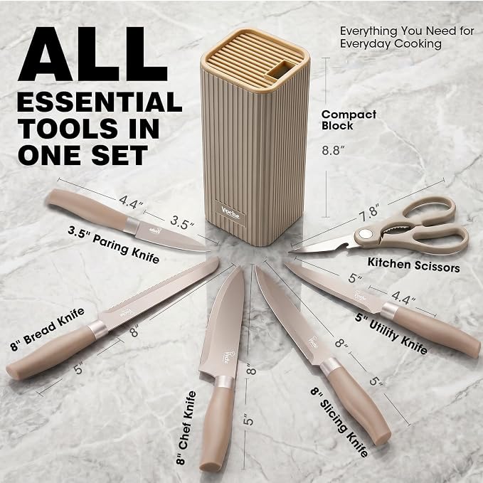 Knife Set, Kitchen Knife Set with Block, 7 Pcs Compact Knife Set, Knife Block Set Space Saving Stainless Steel Kitchen Knives with Scissors for Small Kitchens, Apartment & Everyday Cooking