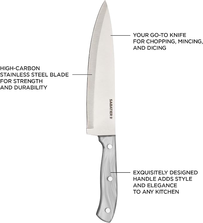 Sabatier Triple Riveted Chef Knife, 8-Inch, Razor-Sharp Kitchen Knife to Cut Fruit, Vegetables and more, High-Carbon Stainless Steel, Gray