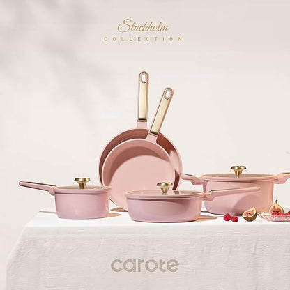 CAROTE Ceramic Cookware Set Nonstick, 14pcs Pots and Pans Set Nonstick, Non-Toxic & PFAS-Free, Dishwasher, RV/Camping Cookware Set, Cooking Pots with Lids, Pink Blush