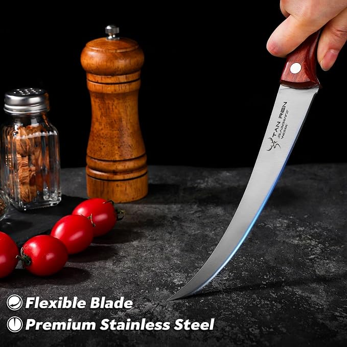 TAN REN 7-Inch Stainless Steel Boning Knife, Meat Cutting Knife with Sheath, Flexible Curved Blade for Brisket and Fish Filleting