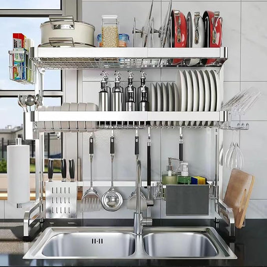 Over The Sink Dish Drainer Drying Rack, Full Stainless Steel 3-Tier Adjustable Length Over Sink Dish Drying Rack, Large Capacity Dish Rack Over Sink for Kitchen Counter, Pots & Pans Rack
