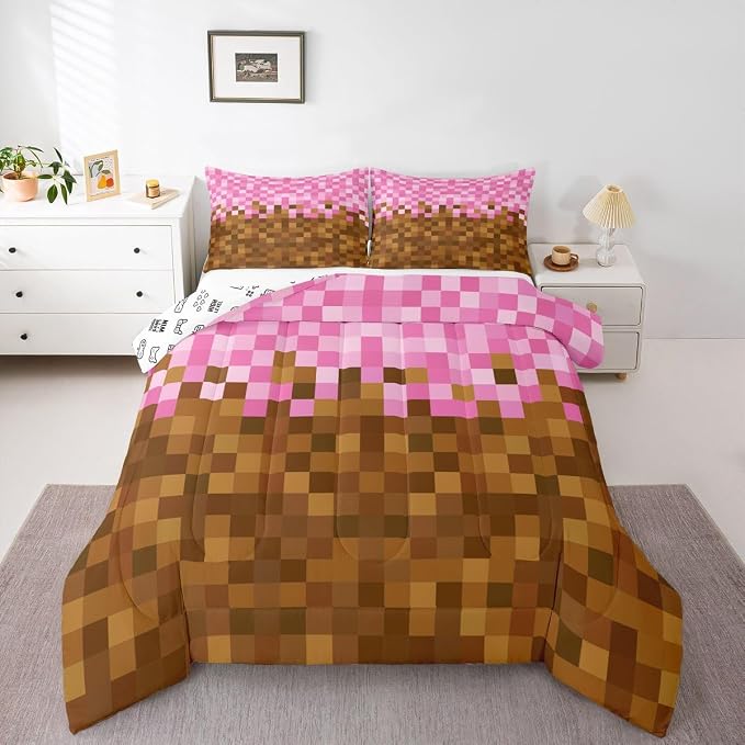 Manfei Pixelated Grid Kids Comforter Set Twin Size,Miners Building Bedding Set for Teens Adults Bedroom Decor,Cartoon Gamepad Duvet Insert,Brown Pink Quilted Duvet Set with 1 Pillowcase