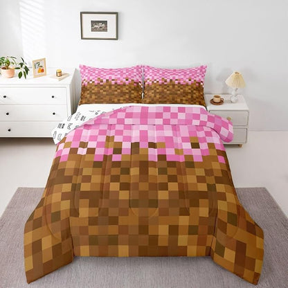 Manfei Pixelated Grid Full Size Comforter Set,Miners Building Bedding Comforters Bedroom Collection,Cartoon Gamepad Duvet Insert,Brown Pink Room Decor 3 Pcs Bedding Set for Girls Teens