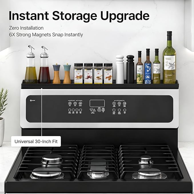 Magnetic Stove Top Shelf, Over the Stove Shelf Spice Rack & Spice Organizer – 30" Heat Resistant Silicone Stove Shelf, No Drill Kitchen Storage Organizer for Gas/Electric Stoves & Small Kitchens