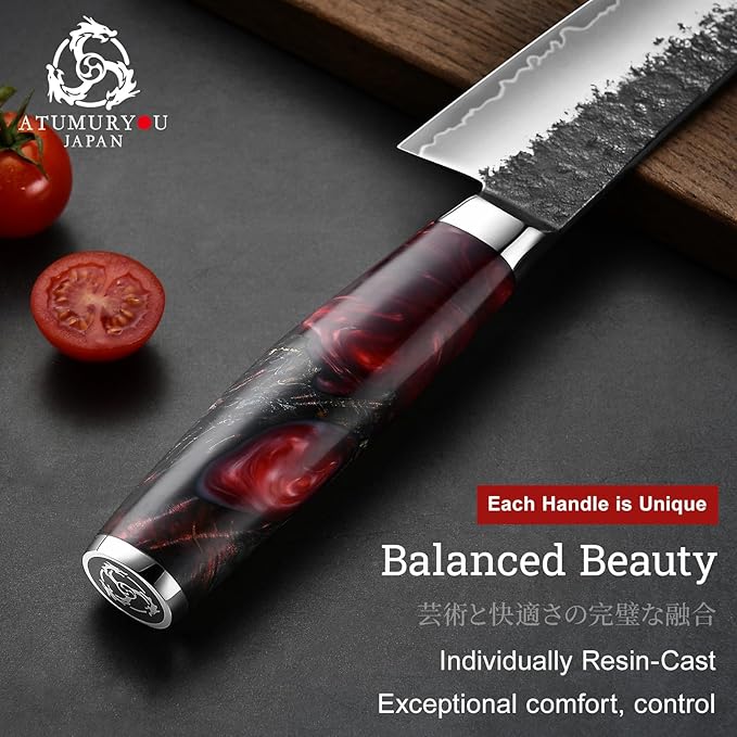 Japanese Chef Knife, 8 Inch Hand Forged Kitchen Knives with VG10 Core, Professional Gyuto Knife for Home & Restaurant, Sanmai Chefs Knives with Ergonomic Red Handle, Father Day Gift for Dad Husband