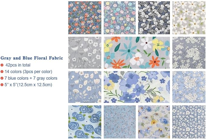 Charm Packs for Quilting 5 Inch Clearance, Quilting Cotton Fabric Squares Precut Blue and Grey Color Fabric Bundles for Craft DIY …