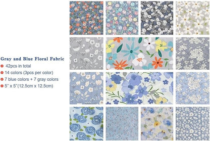 Charm Packs for Quilting 5 Inch Clearance, Quilting Cotton Fabric Squares Precut Blue and Grey Color Fabric Bundles for Craft DIY …