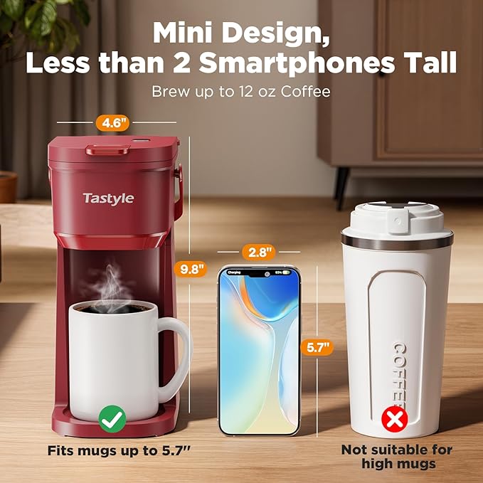 Tastyle K302 Single Serve One Cup Coffee Maker, for K Cups and Grounds, Mini Coffee Maker with Portable Handle, 6 to 12 Oz Brew Size, for Travel, Camping, Office, RV and Dorm, 120V, Vintage Red