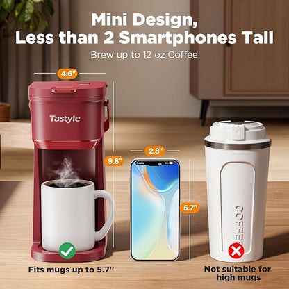 Tastyle K302 Single Serve One Cup Coffee Maker, for K Cups and Grounds, Mini Coffee Maker with Portable Handle, 6 to 12 Oz Brew Size, for Travel, Camping, Office, RV and Dorm, 120V, Vintage Red
