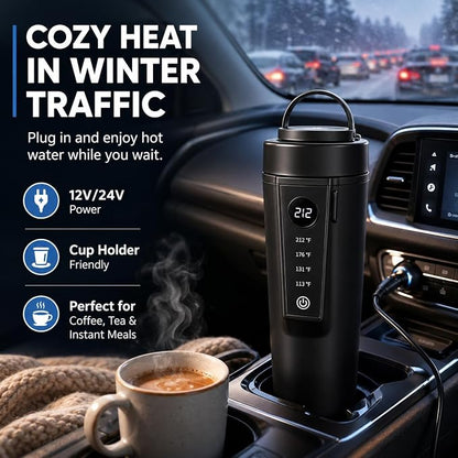 Travel Electric Car Kettle 12V/24V Dual Voltage, Protable Car Electric Kettle for Road Trips, Mini Protable Water Boiler 4 Temp Control for Boiling Water & Brewing Coffee Tea Milk, 400ml(Black)