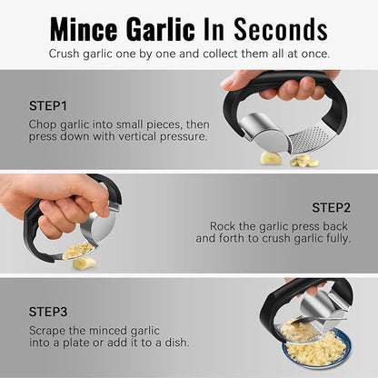 Garlic Press Rocker - NEXZEN Stainless Steel Garlic Crusher, 2-in-1 Easy Kitchen Gadget for Effortless Smashing