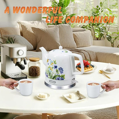 Ceramic Electric Kettle, 1.2L/1000W Boil Water Quickly and Easily,Boil-Dry Protection,Auto Shut Off, Detachable Swivel Base,Hot water kettle for Coffee & Tea