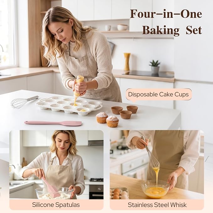 2 Pack Silicone Muffin Pans for Baking, 12 Cup Cupcake Pan with Metal Reinforced Frame, 3 Baking Tools Included, Nonstick Molds for Homemade Muffins, Cupcakes, Egg Bites, Oven Dishwasher Safe