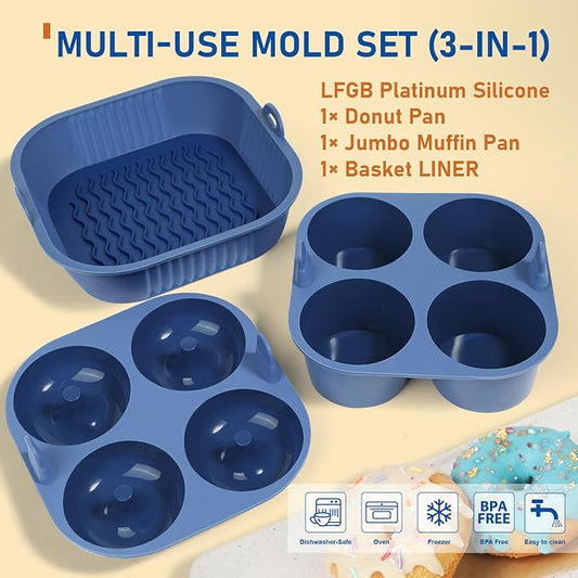 Webake Platinum Silicone Air Fryer Baking Pan Set for Jumbo Muffin, Donut, Nonstick Air Fryer Liners for 5-7 Qt Airfryers, Dishwasher Safe, BPA-Free, 3Pcs