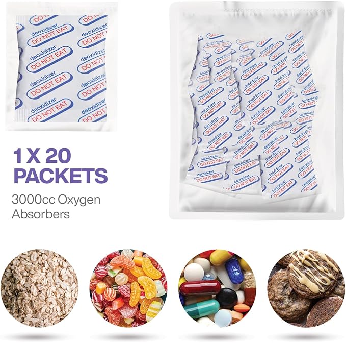 3000cc Oxygen Absorbers (Individually Sealed - Total 20 Count) for Food Storage, Food Grade Oxygen Absorbers Packets with Oxygen Indicator for Long Term Storage and Preservation (3000CC(20-Pack))