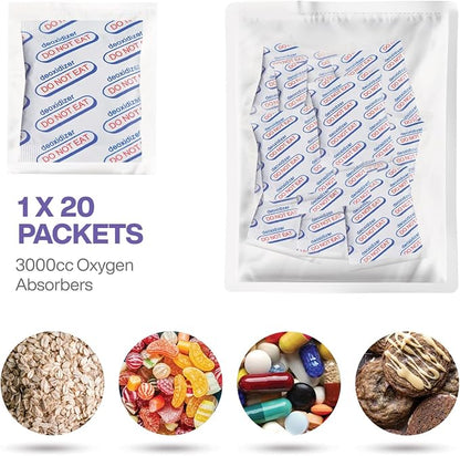 3000cc Oxygen Absorbers (Individually Sealed - Total 20 Count) for Food Storage, Food Grade Oxygen Absorbers Packets with Oxygen Indicator for Long Term Storage and Preservation (3000CC(20-Pack))