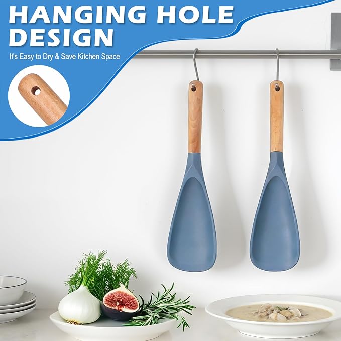 Cooking Spoon Set with Wooden Handle, Heat-Resistant Kitchen Utensils for Stirring, Mixing, Serving, Non-Stick Cookware (BLUE - 1Pack)