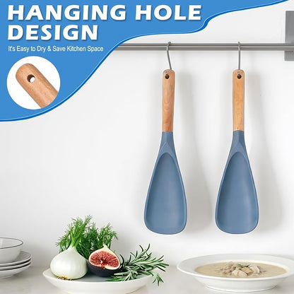 Cooking Spoon Set with Wooden Handle, Heat-Resistant Kitchen Utensils for Stirring, Mixing, Serving, Non-Stick Cookware (BLUE - 1Pack)