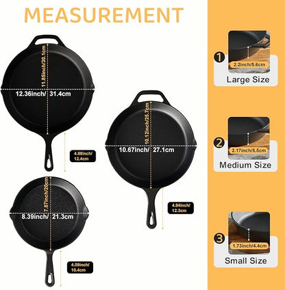 EWFEN Cast Iron Skillet 3-Piece Set, 8", 10" & 12" Pre-Seasoned Frying Pans, Heavy-Duty Professional Restaurant Chef Quality Cookware w/Drip Spout, Indoor & Outdoor Use, Oven, Stove, Grill & Campfire