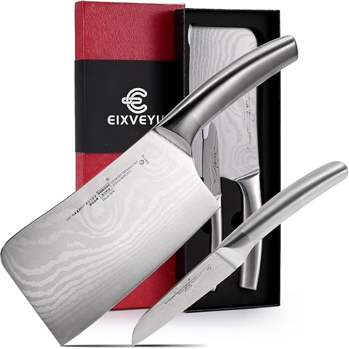 2 Pieces Chopping Knife and Fruit Knife Kitchen knives Set Damascus Pattern Chinese Cleaver Paring knives with Hollow Handle
