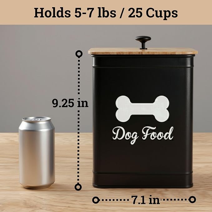Dog Food Container Airtight 5-7 lb (25 Cup) Capacity - Cute Airtight Dog Food Storage Container with Bamboo Lid & Sturdy Metal Handle - Black Metal Kibble Storage Bin for Dogs up to 50 lbs - Pet Jar