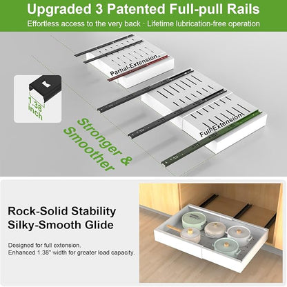 ANTOWIN 2-Pack Expandable Pull Out Cabinet Organizer 21" Deep(15.3"-26" W), 3 Full Extension Glides Slide Out Drawers, Roll Out Shelves Adhesive Raising Pad,Compatible Framed Cabinets,90lb Cap,White