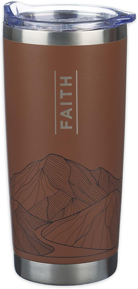 Christian Art Gifts Large Premium Stainless Steel Vacuum Sealed Insulated Travel Mug Tumbler for Men & Women: Faith Inspiring Mountain Theme, Leak-Proof Retractable Lid, All Day Hot/Cold, Brown, 18 oz