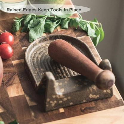 Cooking Spoon Rest with Slot or Spatula, Spoons or Tong Ceramic Spoon Rest for Countertop Heat-Resistant Spoon Rest for Stove Top Perfect Rest for Utensil and Spoon, Brown