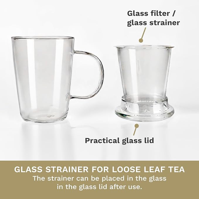 Creano Tea Glass 400 ml – Large Tea Cup with Strainer and Glass Lid – An ideal Tea Maker