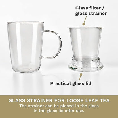 Creano Tea Glass 400 ml – Large Tea Cup with Strainer and Glass Lid – An ideal Tea Maker