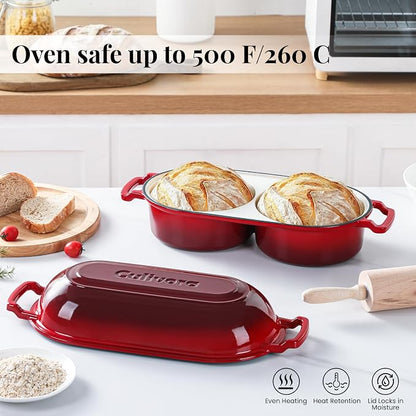Cast Iron Bread Pan with Lid, Mini Enamel Sourdough Baking Dutch Oven Pot, Double Round Loaf Space for Homemade, Bread, Cake, Meatloaf, 16.5cm Diameter, 500°F Oven Safe, Non Stick, Red