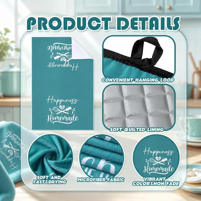 Sratte 6 Pcs Kitchen Decor Accessories Set Farmhouse Towels Pot Holders Oven Mitts Set 2 Dish Towels 2 Potholders 2 Cooking Mittens Oven Glove for Christmas Baking Cooking Supply(Teal,Kitchen)