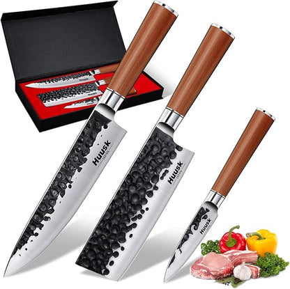 Huusk Japanese Kitchen Knife Set of 3, Professional Chef Knives Set for Kitchen, Sharp Cooking Knife Sets with Nakiri, Gyuto & Paring Knives, High Carbon Steel Sharp Cutting Knifes, Men Women Gifts