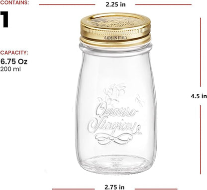 Bormioli Rocco Quattro Stagioni Bottle, 6.75 Oz - Glass Storage Jar with Airtight Twist Lid for Kitchen Organization, Pantry Canning, Homemade Gifts & Dry Food Storage (4.6"x2.75") - Made in Italy