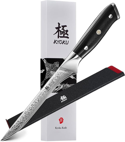 KYOKU Boning Knife - 7" - Shogun Series - Japanese Style VG10 Steel Core Forged Damascus Blade - with Sheath & Case