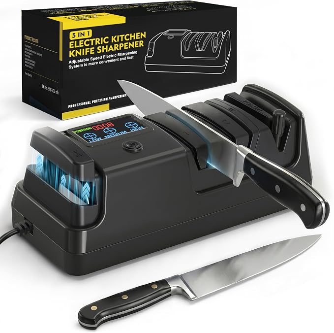 Electric Knife Sharpener for Kitchen - Professional 3-Stage Sharpening for Straight-Edge & Serrated Knives and Scissors, with 100% Diamond Abrasive (Black)
