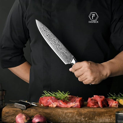 FANTECK Chef Knife 8 Inch Japanese Damascus Kitchen Knife, VG10 Super Steel 67 Layer High Carbon Professional Kitchen Chef Knives,Full Tang Ergonomic G10 Handle-with Sheath & Sharpener