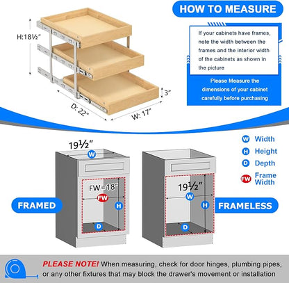WelFurGeer 3-Tier Pull Out Cabinet Organizer with Soft Close, Heavy-Duty Pull Out Drawers for Cabinets, Slide Out Shelf for Kitchen, Pantry, Bathroom & Under Sink, Solid Birch Wood