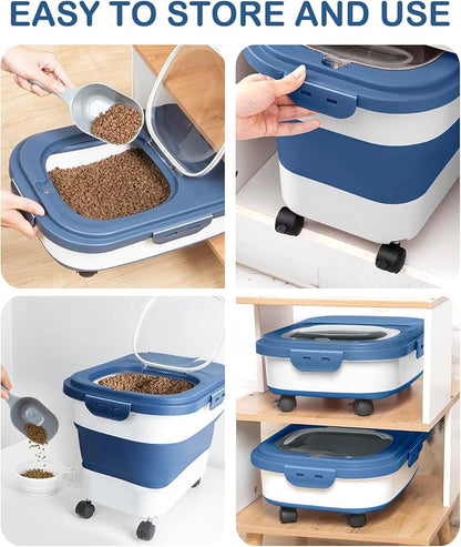 20-23 Lbs Dog Food Storage Container - Collapsible Dog Food Container with Wheels Airtight Lids, Scoop and Small Container, Pet Food Storage Dry Food For Dog, Cats and Other Pet (Blue)