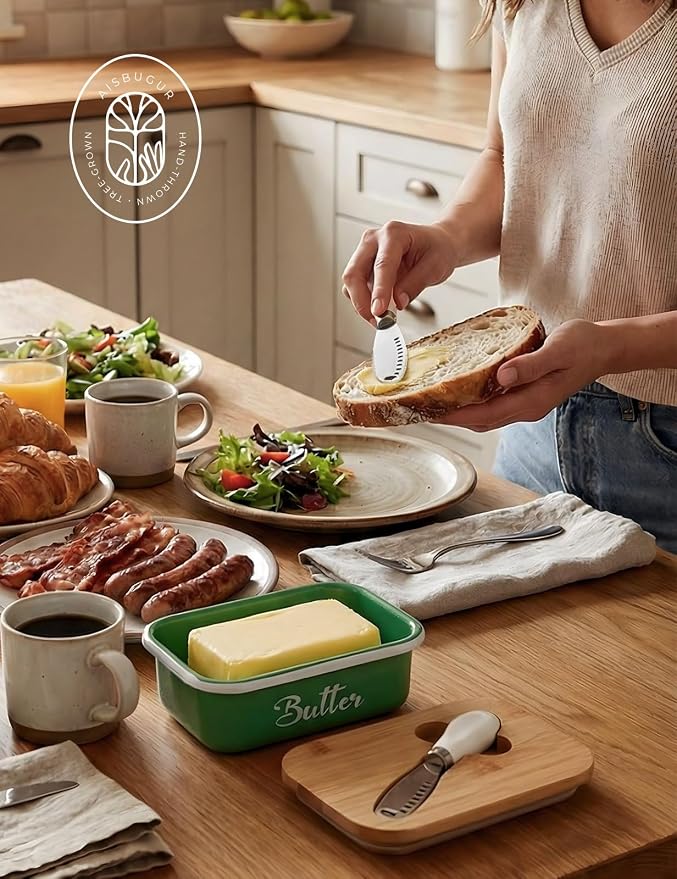 Butter Dish, Butter Dish with Lid for Countertop,Metal Butter Keeper with Stainless Steel Multipurpose Butter Knife, Large Butter Container with quality Silicone Good Kitchen Gift,Grass Green