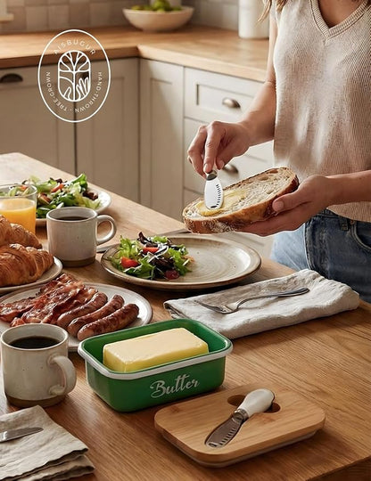 Butter Dish, Butter Dish with Lid for Countertop,Metal Butter Keeper with Stainless Steel Multipurpose Butter Knife, Large Butter Container with quality Silicone Good Kitchen Gift,Grass Green
