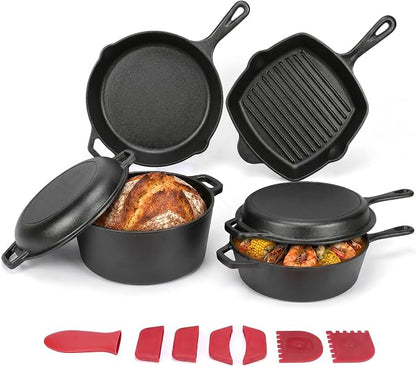 QuliMetal 6 Piece Cast Iron Cookware Set with Dutch Oven | Includes 11 in grill pan, 12 in skillet, 5QT Dutch oven, 3.2QT Dutch oven and 1.6QT skillet lid for home cooking.