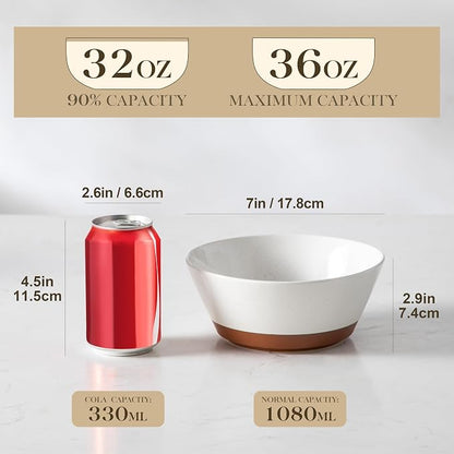 MALACASA Soup Bowls, Ceramic Salad Bowls Set of 4, 36oz Ceramic Bowls for Ramen, Cereal, Fruit and Pho, Microwave & Dishwasher Safe, Speckled Deep Bowls, Vanilla White & Brown