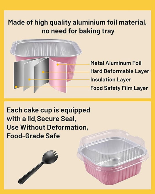 50 Pack 5oz Square Mini Cake Pans with Lids and Spoons,Aluminum Foil Baking Cups,Disposable Mini Loaf Pans Ramekins for Brownie, Cheesecake, Mousse & Wedding Party Favors-Pink